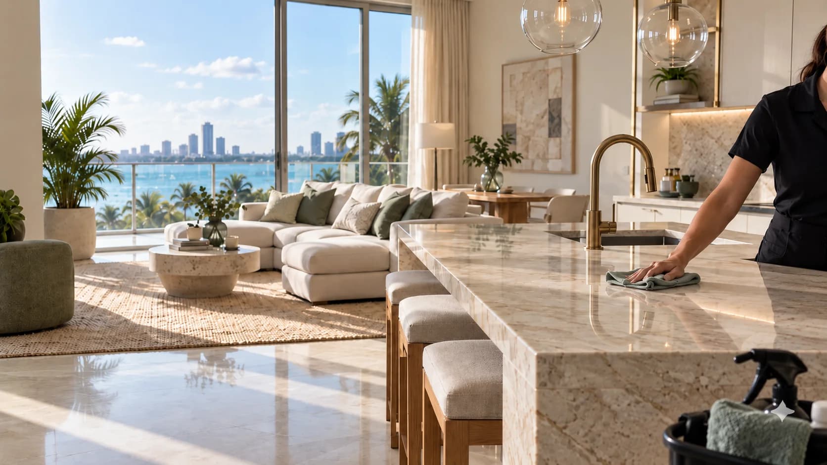 Professional cleaner wiping a stone kitchen island in a bright Miami-style home
